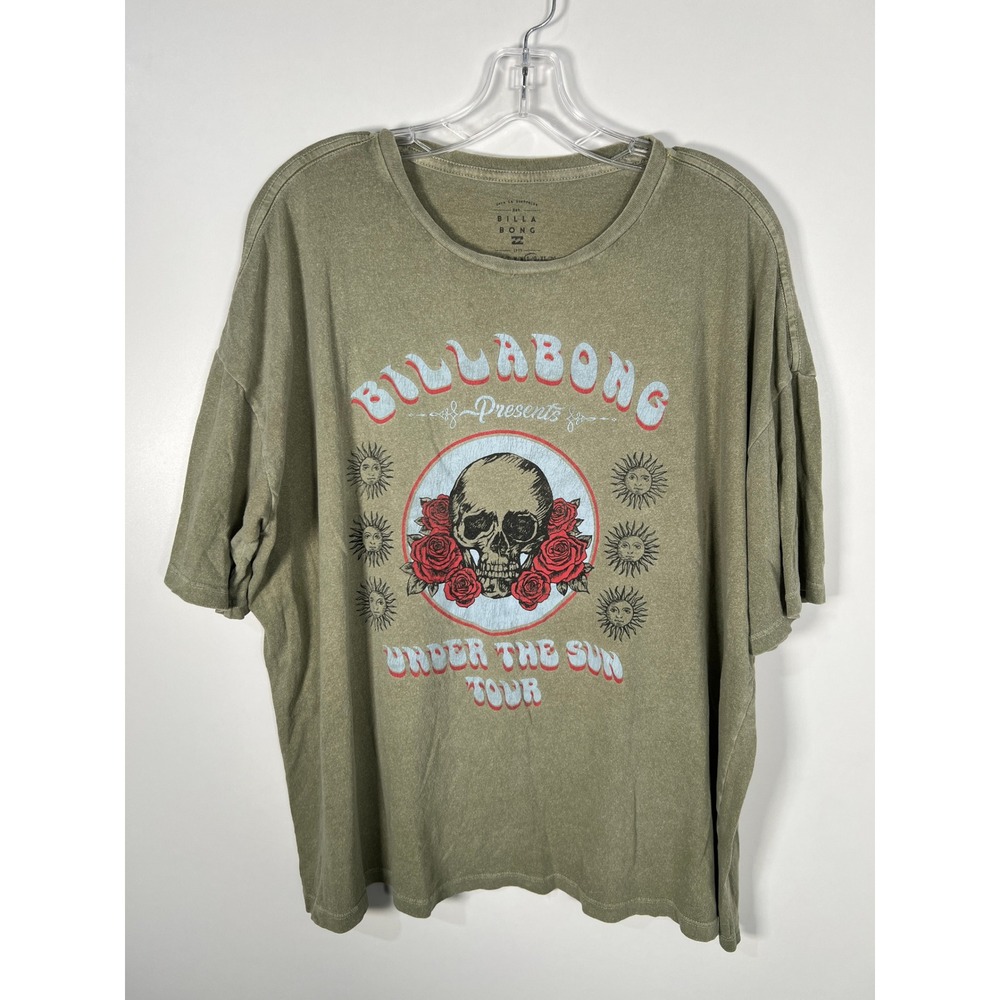 Billabong Under The Sun Tour Green Skull Graphic T-Shirt Oversized Boho Large